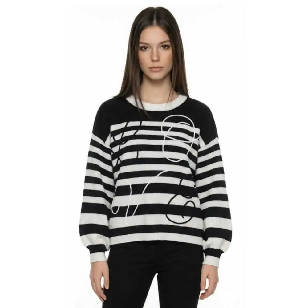 Nicole Miller Abstract Embroidered Sweater in Black and White